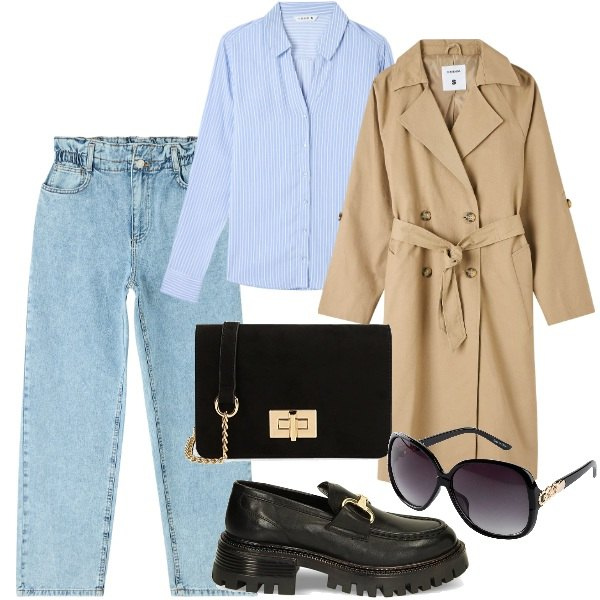 Outfit donna - Easy chic con Terranova e Primadonna. Stile Chic per Tutti i giorni. Abbinamento con occhiali da sole, camicie, trench, jeans, mocassini, borse a tracolla.
