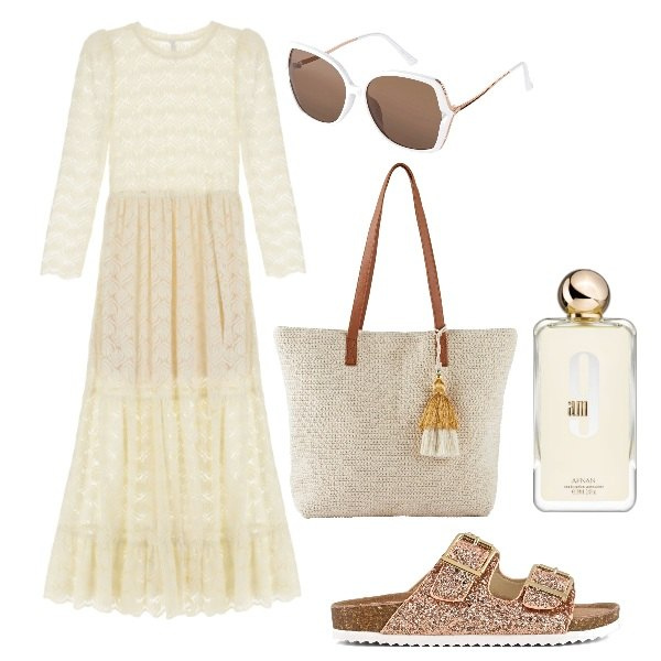 Outfit donna - Abito lungo in pizzo. Stile Romantica per Tutti i giorni. Abbinamento con occhiali da sole, shopping bag, profumi, vestiti lunghi, sandali.