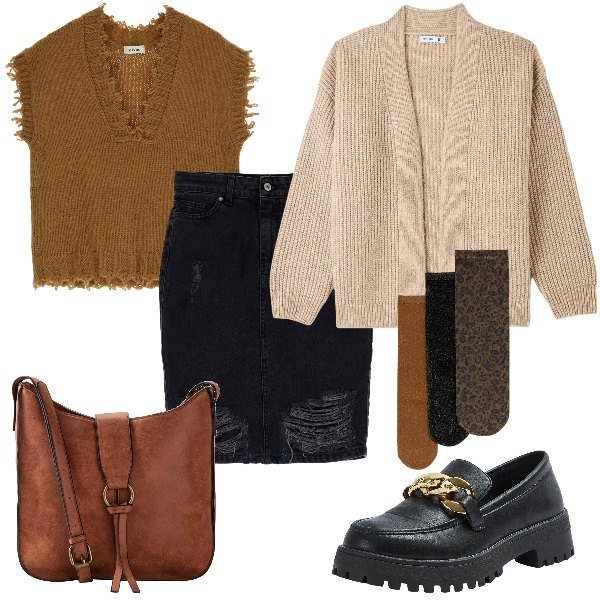 Outfit donna - Total look #1822789. Stile Preppy per Scuola/Università. Abbinamento con borse a tracolla, cardigans, mocassini, minigonne, gilet, top.