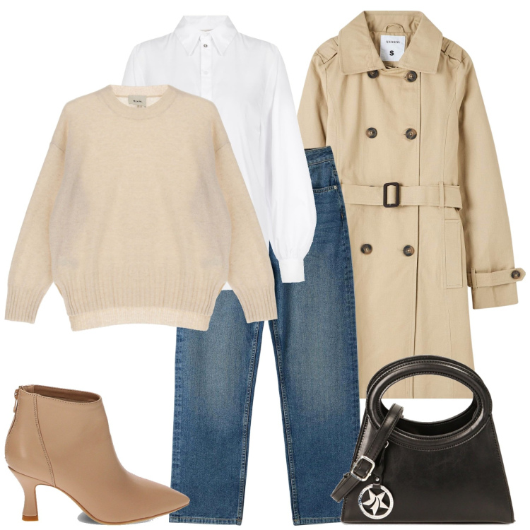 Outfit donna - City. Stile Urban per Tutti i giorni. Abbinamento con trench, jeans dritti, camicie, stivaletti, borse a spalla, pullovers.