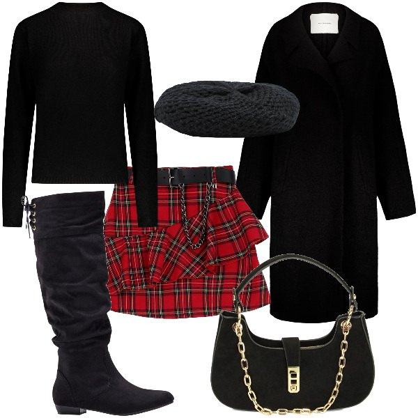 Outfit donna - Total look #1822796. Stile Preppy per Tutti i giorni. Abbinamento con stivali, cappelli e berretti, borse a spalla, gonne, cappotti, maglieria.