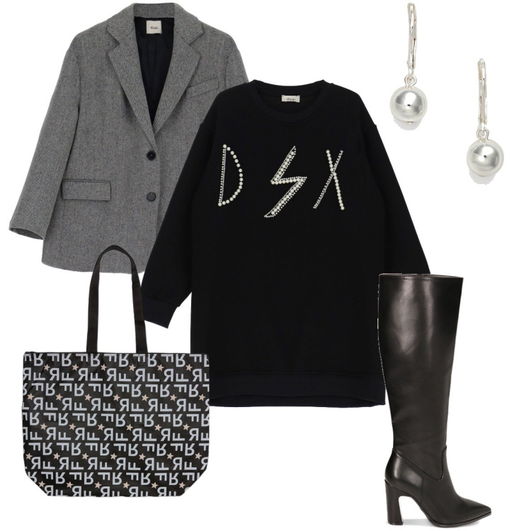 Outfit donna - Il mini dress over size. Stile Casual chic per Serata fuori. Abbinamento con stivali, vestiti corti, cappotti, orecchini, shopping bag.