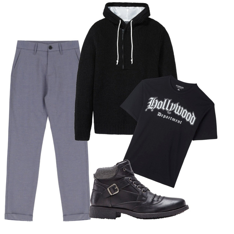 Outfit uomo - Felpa con il cappuccio. Stile Urban per Serata speciale. Abbinamento con maglieria, stivali e stivaletti, t-shirt, pantaloni.