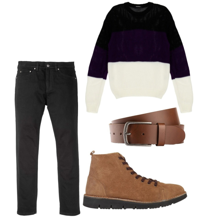 Outfit uomo - Coordinato. Stile Casual per Tutti i giorni. Abbinamento con jeans slim fit, cinture, stivali e stivaletti, maglieria.
