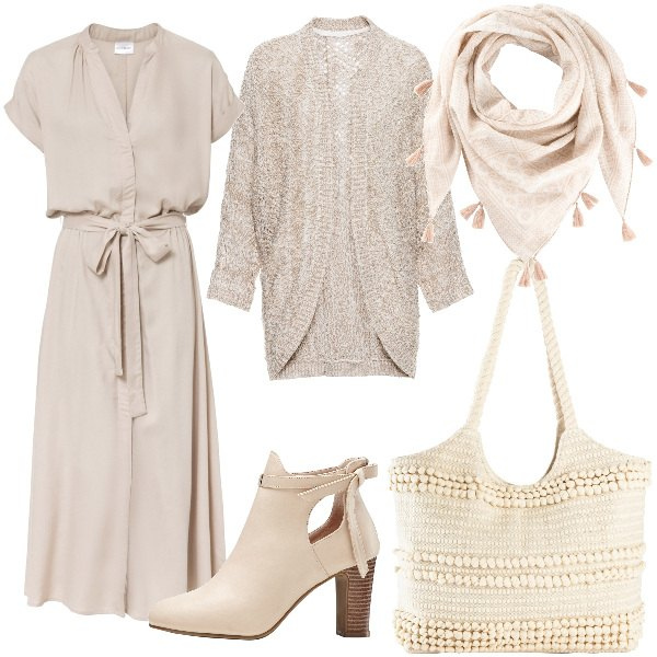 Outfit donna - Total look #1822847. Stile Boho Abbinamento con vestiti chemisier, cardigans, stivaletti, shopping bag, foulard.