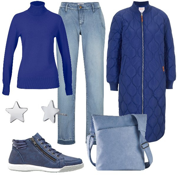 Outfit donna - Total look #1822853. Stile Basic Abbinamento con maglieria, sneakers alte, jeans, borse a tracolla, cappotti, orecchini.