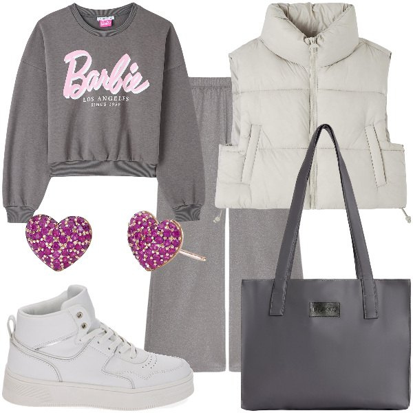 Outfit donna - Total look #1822860. Stile Basic Abbinamento con felpe, piumini, orecchini, sneakers alte, shopping bag, pantaloni.