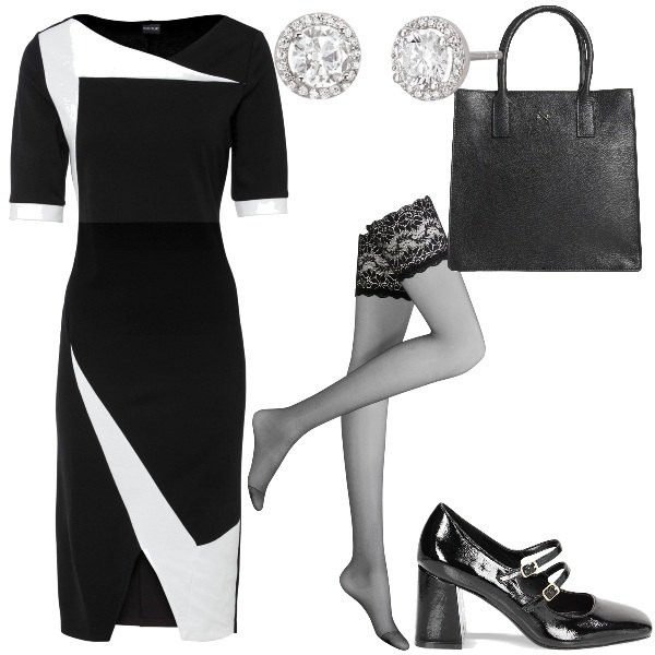 Outfit donna - Autoreggenti velate. Stile Bon Ton per Ufficio. Abbinamento con vestiti a tubino, collant, borse a mano, orecchini, décolleté.