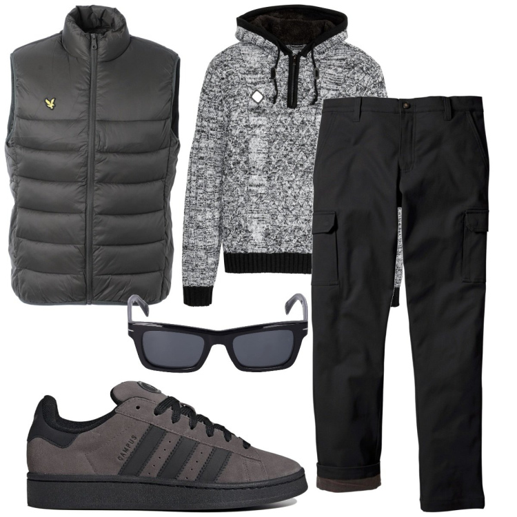 Outfit uomo - Passeggiata. Stile Trendy per Tutti i giorni. Abbinamento con pantaloni cargo, maglieria, piumini, sneakers, occhiali da sole.