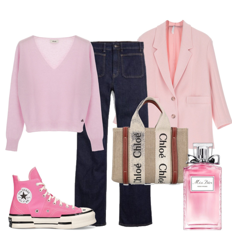 Outfit donna - City. Stile Casual chic per Tutti i giorni. Abbinamento con profumi, blazer, pullovers, jeans bootcut, borse a mano, sneakers.