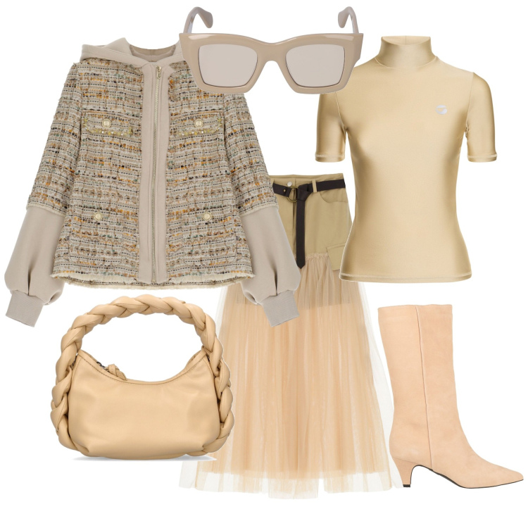 Outfit donna - Casual chic per una domenica. Stile Casual chic per Tutti i giorni. Abbinamento con stivali, gonne lunghe, blazer, borse a mano, top, occhiali da sole.