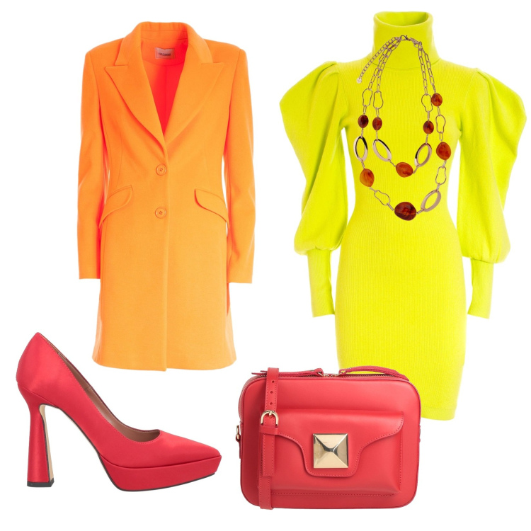 Outfit donna - Giornata fluo. Stile Trendy per Tutti i giorni. Abbinamento con décolleté, borse a tracolla, vestiti, cappotti, ciondoli.
