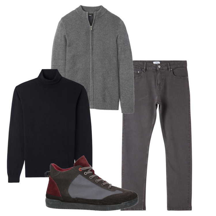 Outfit uomo - Inverno doppio pull. Stile Casual per Tutti i giorni. Abbinamento con cardigans, sneakers alte, maglieria, pantaloni.