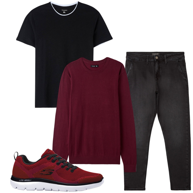 Outfit uomo - City. Stile Casual per Tutti i giorni. Abbinamento con scarpe sportive, t-shirt, maglieria, jeans skinny.