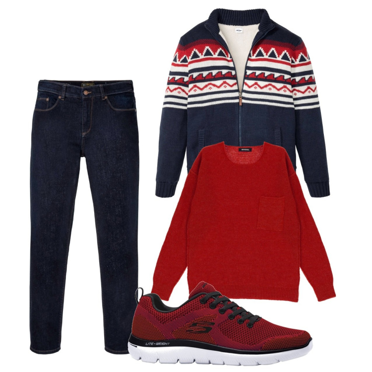 Outfit uomo - Rouge. Stile Casual per Tutti i giorni. Abbinamento con jeans dritti, cardigans, scarpe sportive, pullovers.