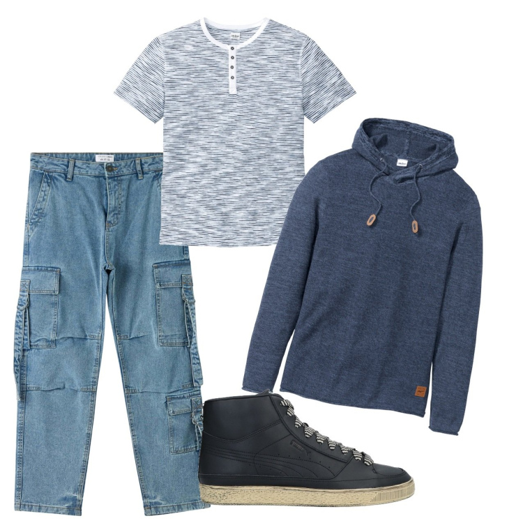 Outfit uomo - Cargo jeans. Stile Urban per Tutti i giorni. Abbinamento con maglieria, maglieria, sneakers, jeans.
