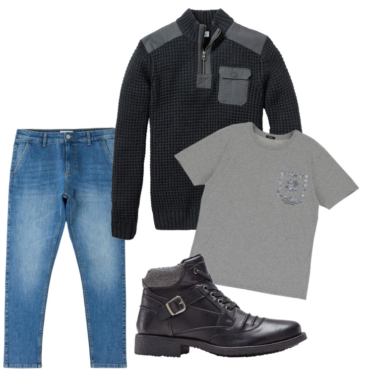 Outfit uomo - Urban. Stile Urban per Tutti i giorni. Abbinamento con maglieria, stivali e stivaletti, jeans skinny, t-shirt.
