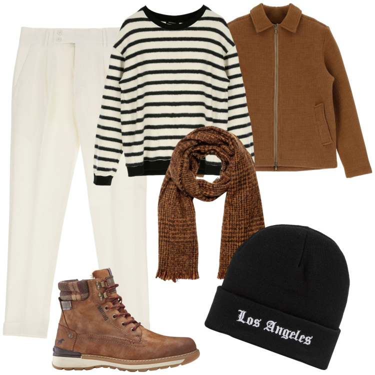 Outfit uomo - Pantaloni chiari. Stile Trendy per Tutti i giorni. Abbinamento con stivali e stivaletti, berretti, pullovers, pantaloni, cappotti, sciarpe.