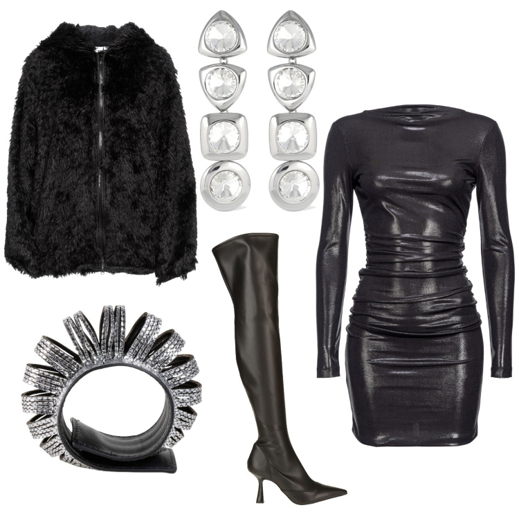 Outfit donna - Serata rock dark. Stile Rock per Serata fuori. Abbinamento con stivali sopra il ginocchio, cappotti, vestiti corti, braccialetti, orecchini.