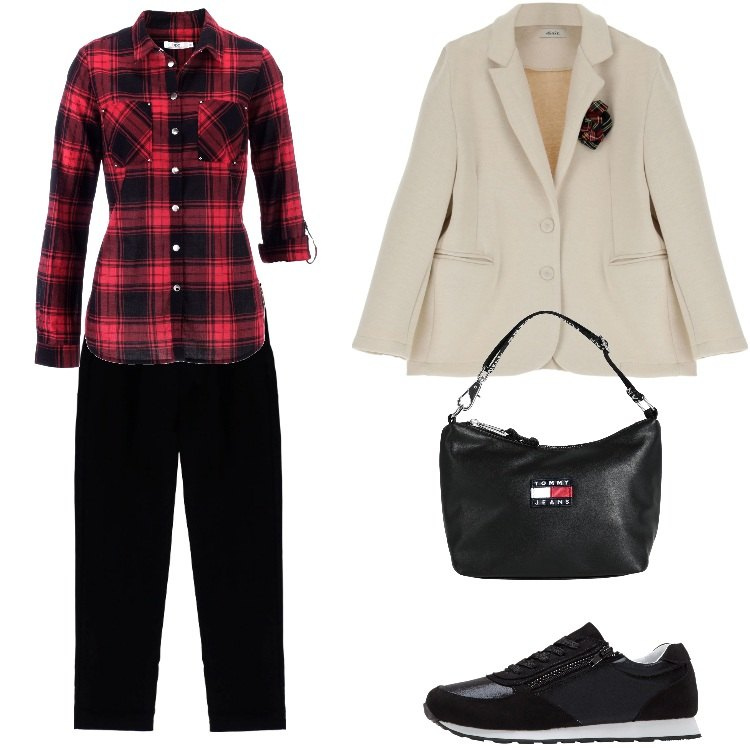 Outfit donna - Dettagli tartan - febbraio. Stile Casual per Cerimonia. Abbinamento con camicie, sneakers, borse a mano, pantaloni capri, blazer.