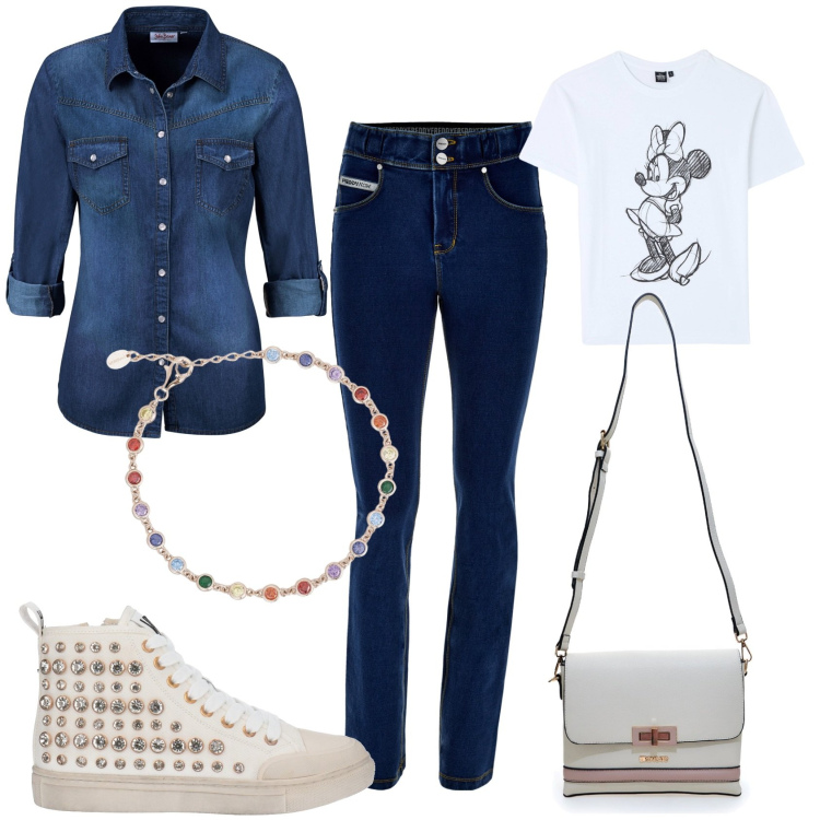 Outfit donna - Jeans & jewels. Stile Casual per Scuola/Università. Abbinamento con sneakers alte, camicie, t-shirt, braccialetti, jeans slim fit, borse a tracolla.