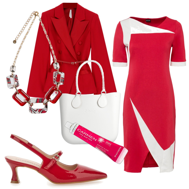 Outfit donna - Red jewel. Stile Casual chic per Serata fuori. Abbinamento con vestiti a tubino, borse a mano, gloss, blazer, décolleté, collane.