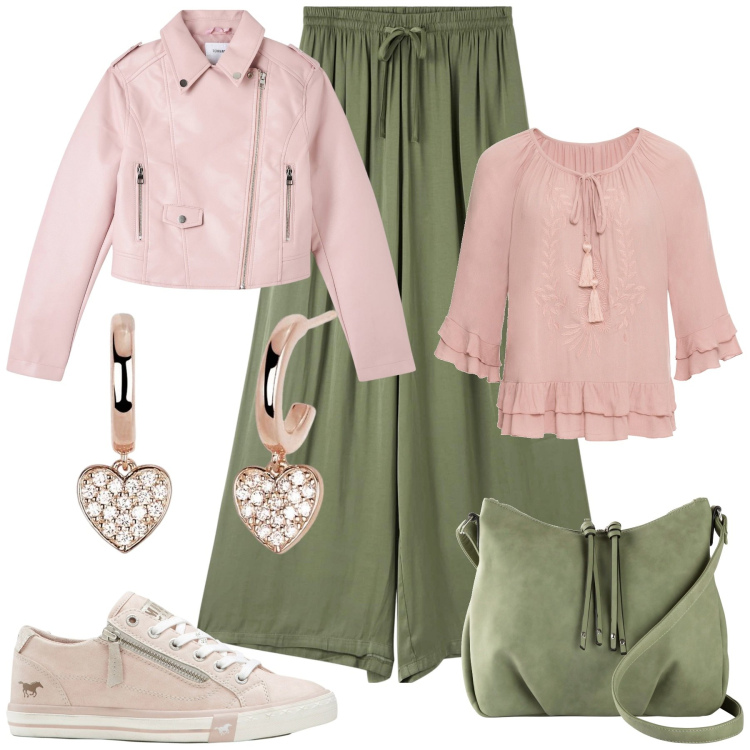 Outfit donna - Pranzo in agriturismo. Stile Casual chic per Tutti i giorni. Abbinamento con tuniche, borse a tracolla, sneakers, pantaloni a palazzo, giacche, orecchini.