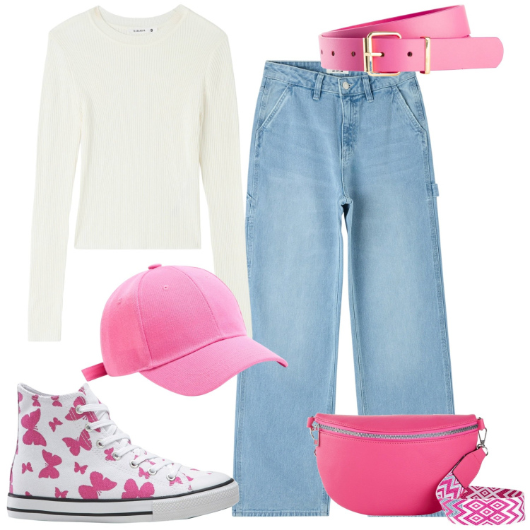 Outfit donna - Shopping con le amiche. Stile Casual chic per Tutti i giorni. Abbinamento con cinture, sneakers alte, marsupi, jeans, maglieria, cappelli.