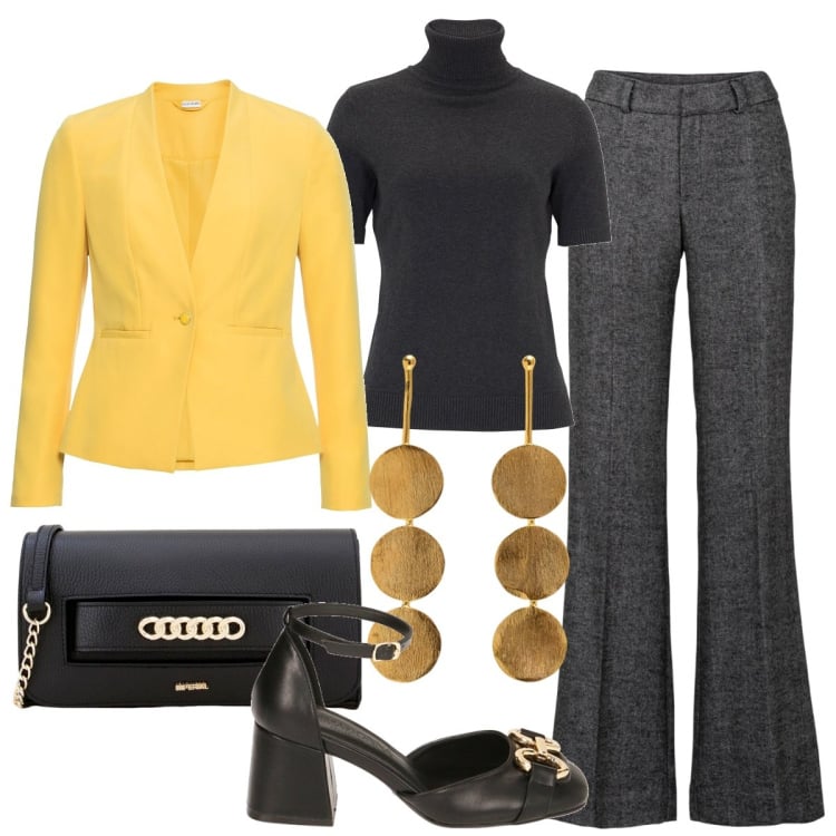 Outfit donna - Blazer giallo. Stile Mannish per Ufficio. Abbinamento con pantaloni a palazzo, blazer, maglieria, pochette, décolleté, orecchini.