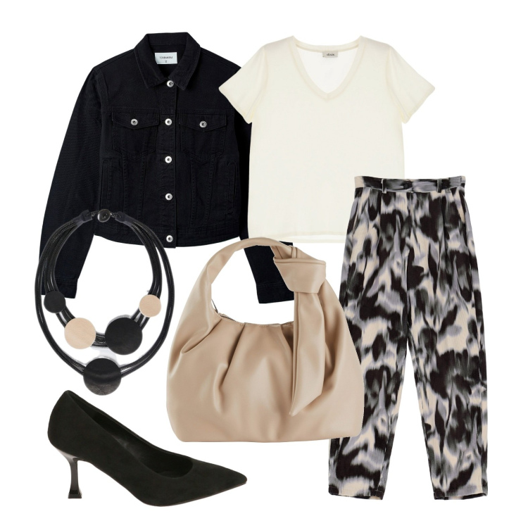 Outfit donna - Ghost outfitter - febbraio. Stile Trendy per Tutti i giorni. Abbinamento con borse a mano, blazer, décolleté, pantaloni, t-shirt, collane.