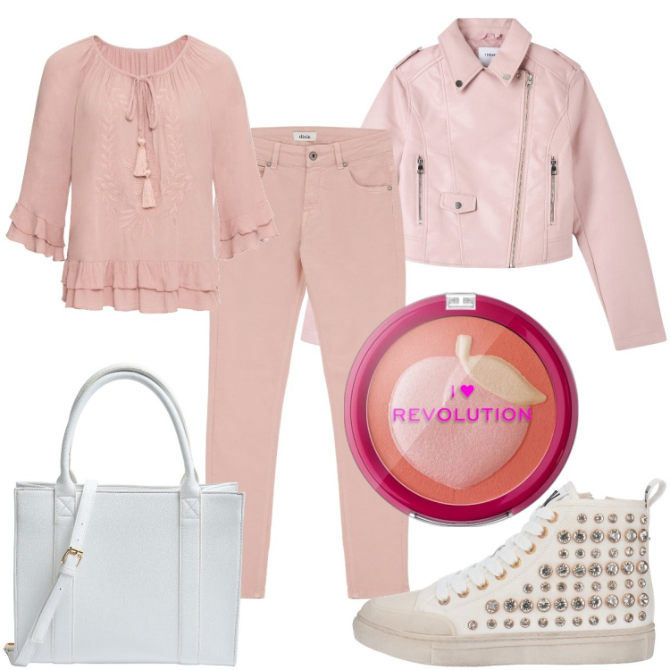 Outfit donna - Total look #1823019. Stile Sporty chic Abbinamento con tuniche, sneakers alte, blush, giacche, shopping bag, pantaloni.