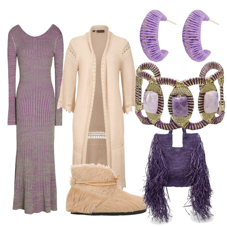 Outfit donna - Il capolavoro shabby chic. Stile Boho per Tutti i giorni. Abbinamento con cardigans, vestiti lunghi, braccialetti, stivaletti, orecchini, borse a spalla.