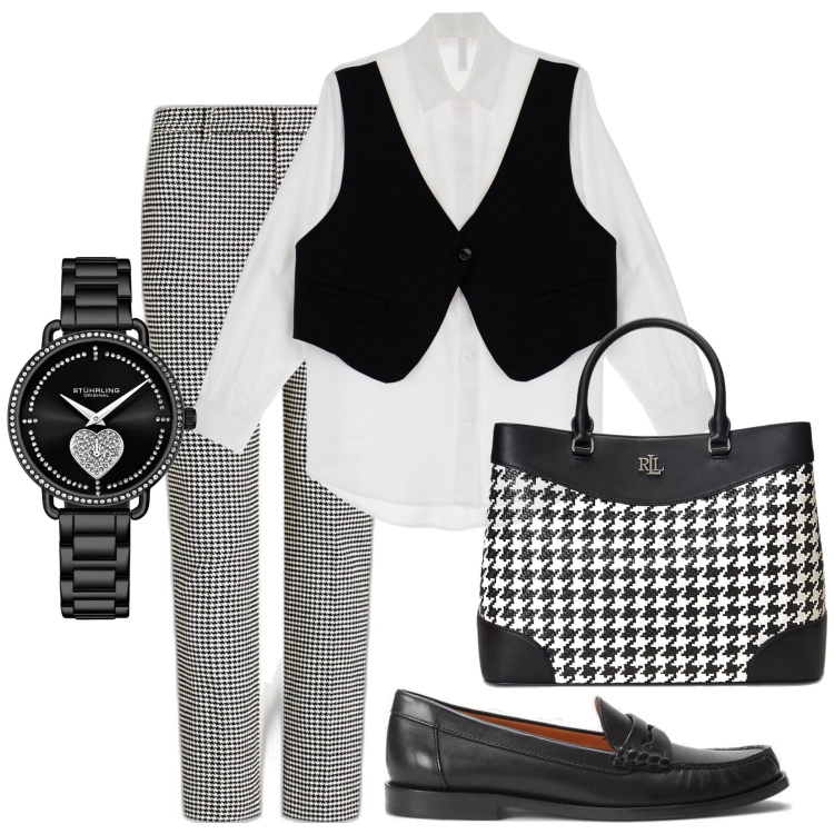 Outfit donna - L\'incontro del bianco e del nero. Stile Casual chic per Ufficio. Abbinamento con orologi, camicie, mocassini, pantaloni, borse a mano.