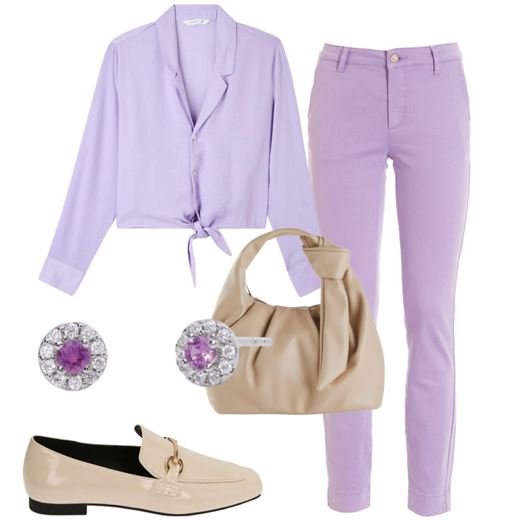 Outfit donna - City. Stile Urban per Tutti i giorni. Abbinamento con borse a mano, camicie, orecchini, pantaloni, mocassini.