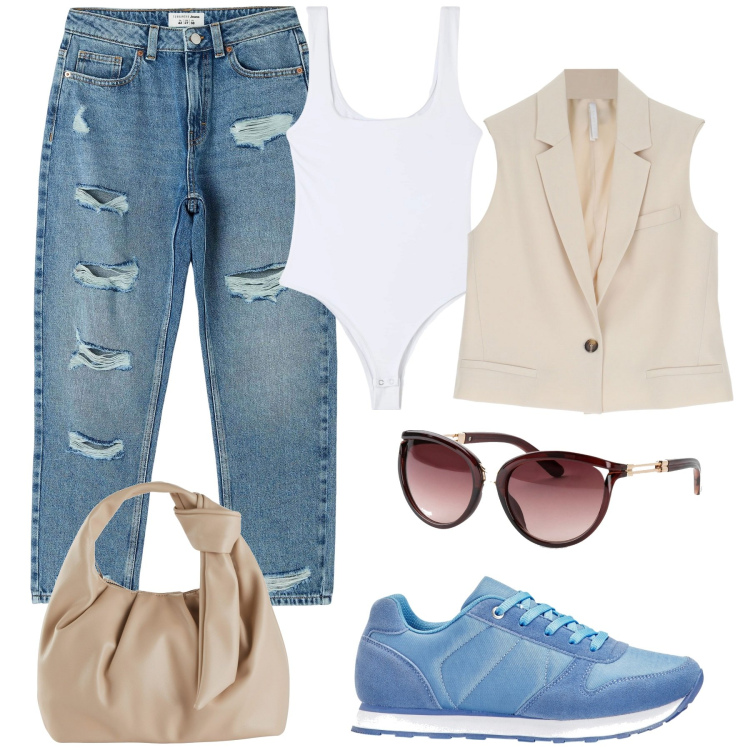 Outfit donna - Tendenza sneakers azzurre. Stile Urban per Tutti i giorni. Abbinamento con borse a mano, occhiali da sole, sneakers, body, jeans mom, gilet.