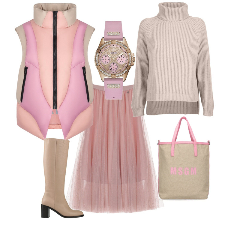 Outfit donna - A passeggio sporty chic. Stile Sporty chic per Tutti i giorni. Abbinamento con orologi, stivali, gonne lunghe, piumini, maglieria, shopping bag.