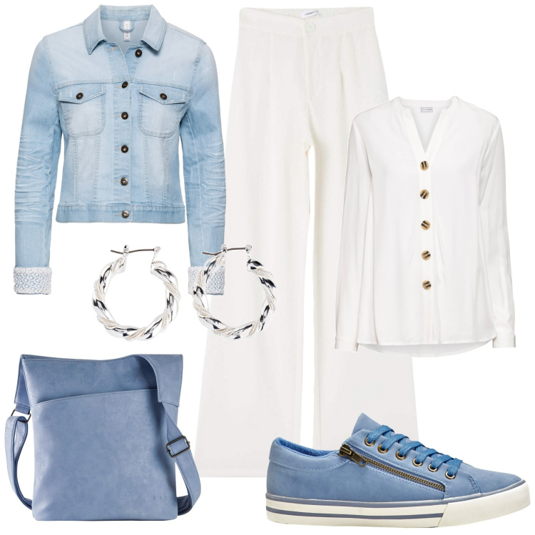 Outfit donna - Sneakers azzurre. Stile Casual chic per Tutti i giorni. Abbinamento con blazer, orecchini, sneakers, borse a tracolla, camicie, pantaloni.