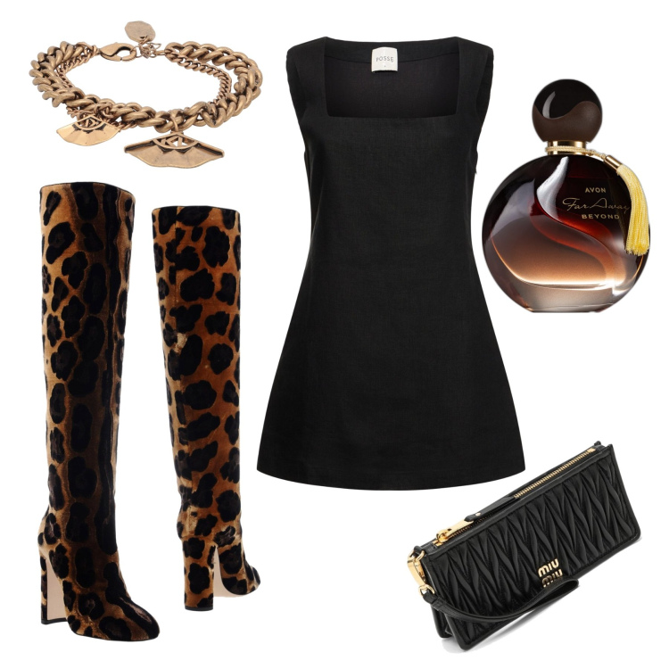 Outfit donna - Sei così bella. Stile Sexy per Serata fuori. Abbinamento con stivali, braccialetti, profumi, vestiti, clutch.