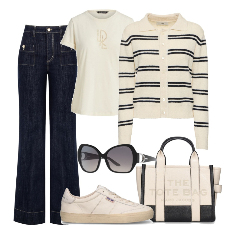 Outfit donna - City. Stile Casual chic per Tutti i giorni. Abbinamento con jeans, occhiali da sole, t-shirt, borse tote, cardigans, sneakers.