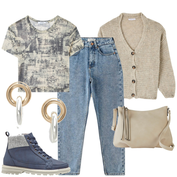 Outfit donna - City. Stile Basic per Tutti i giorni. Abbinamento con stivaletti, borse a tracolla, t-shirt, cardigans, jeans mom, orecchini.