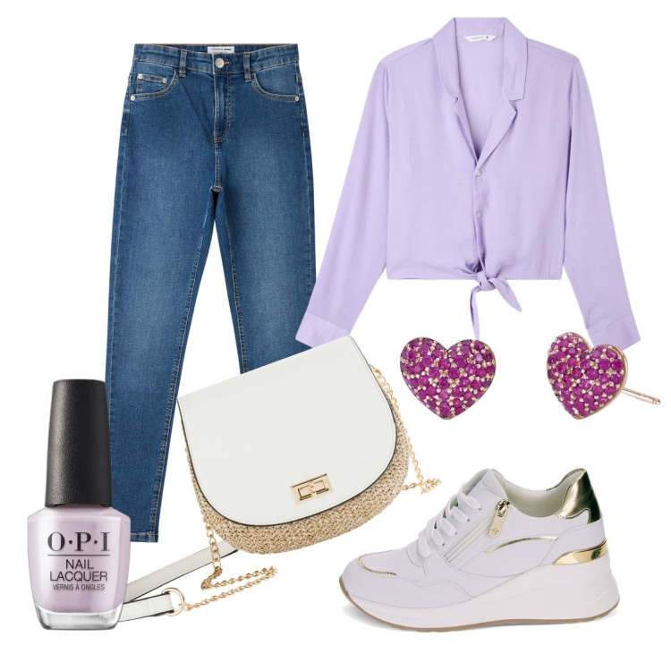 Outfit donna - Tempo libero. Stile Casual per Tutti i giorni. Abbinamento con borse a tracolla, smalti, camicie, jeans skinny, orecchini, sneakers.