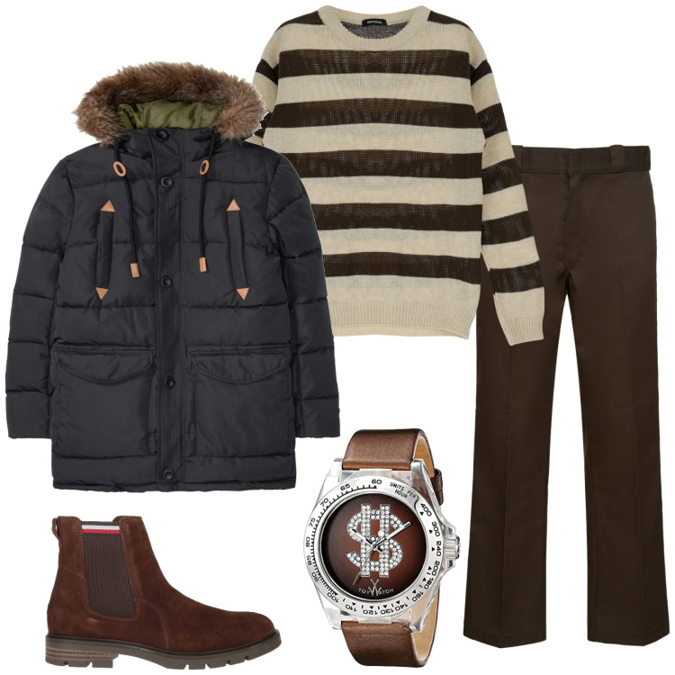 Outfit uomo - Ti rubo il pull a righe. Stile Casual per Tutti i giorni. Abbinamento con giacche, stivali e stivaletti, orologi, pullovers, pantaloni.