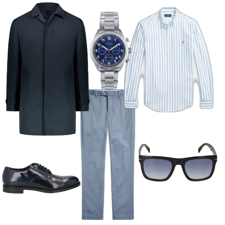 Outfit uomo - Stile trendy per l ufficio. Stile Trendy per Ufficio. Abbinamento con scarpe stringate, orologi, camicie, pantaloni chino, cappotti, occhiali da sole.