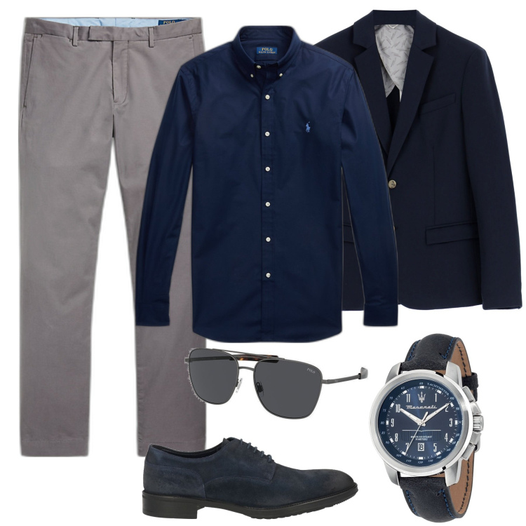 Outfit uomo - Senza cravatta. Stile Business/Elegante per Tutti i giorni. Abbinamento con scarpe stringate, orologi, giacche, camicie, pantaloni chino, occhiali da sole.