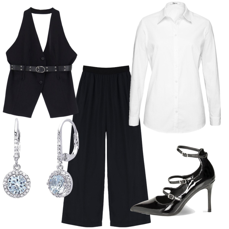 Outfit donna - Un taglio maschile. Stile Mannish per Serata fuori. Abbinamento con camicie, orecchini, pantaloni a palazzo, décolleté, gilet.