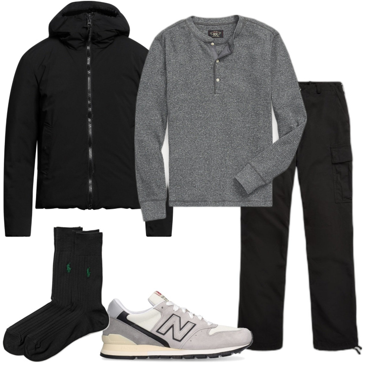 Outfit uomo - Total look #1823179. Stile Casual per Sport. Abbinamento con giacche, calzini, t-shirt, pantaloni cargo, sneakers.