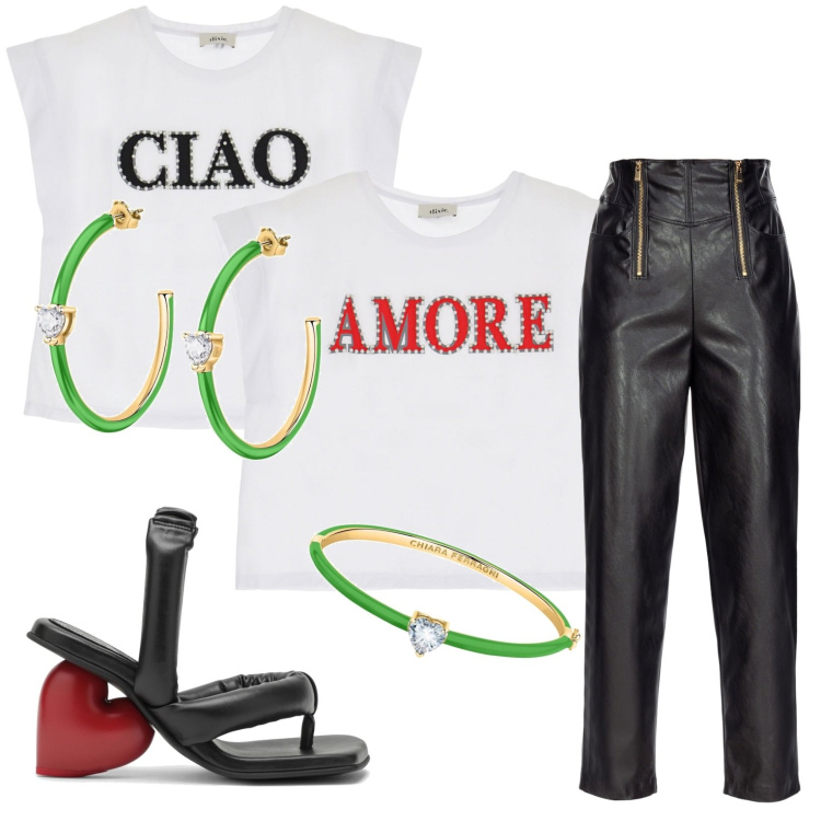 Outfit donna - Chiara Ferragni jewels. Stile Casual chic per Serata fuori. Abbinamento con orecchini, braccialetti, pantaloni, t-shirt, t-shirt, sandali in pelle.