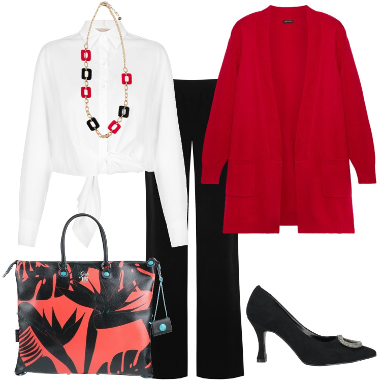 Outfit donna - Rosso e nero. Stile Bon Ton per Ufficio. Abbinamento con borse a mano, décolleté, camicie, pantaloni, cardigans, ciondoli.