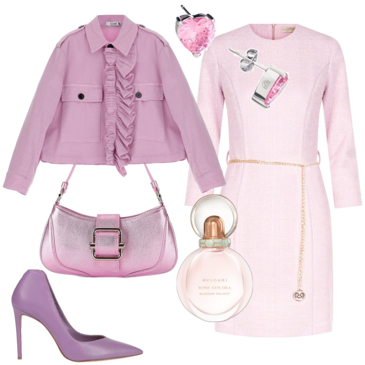 Outfit donna - Rosa pastello. Stile Casual chic per Tutti i giorni. Abbinamento con orecchini, décolleté, profumi, vestiti midi/longuette, blazer, borse a spalla.