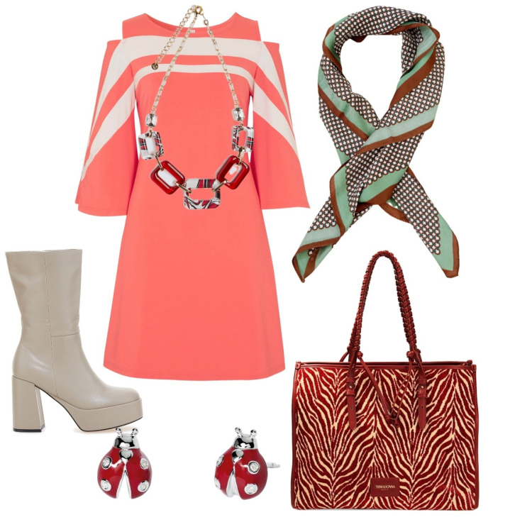 Outfit donna - Inspo \'70. Stile 70s per Serata fuori. Abbinamento con vestiti, orecchini, foulard, borse a spalla, collane, stivali.